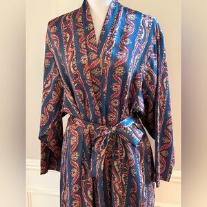 Vintage 90s Linda Sleepwear Satin Paisley Kimono Bathrobe Robe Matching Pajamas
